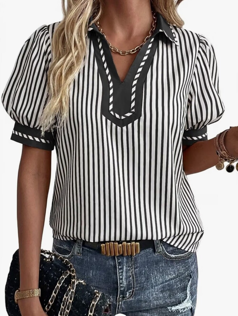 Collar V Neck Short Puff Sleeve Dressy Blouse